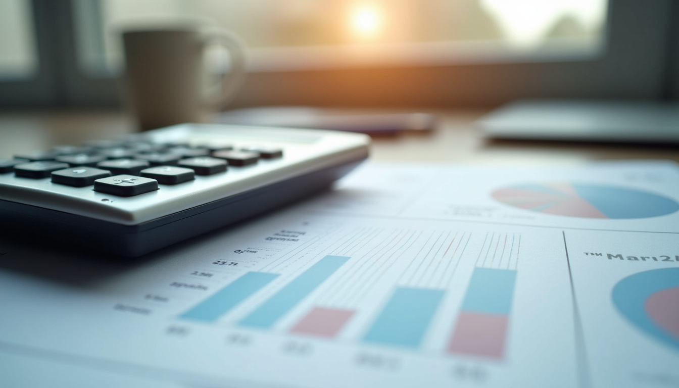 Close-up view of a financial report and calculator on a desk